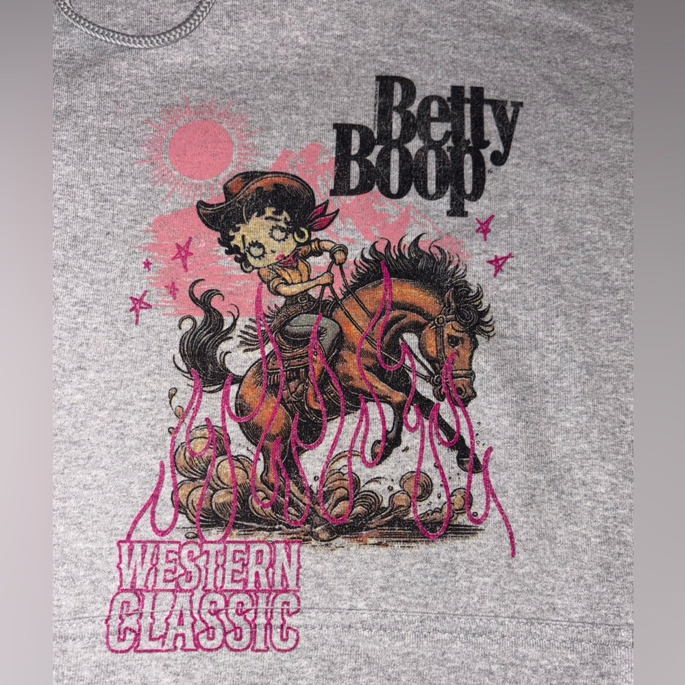NWT SMALL Betty Boop Cowboy Western Classic Horse Grey Comfy Women’s Sweatshirt